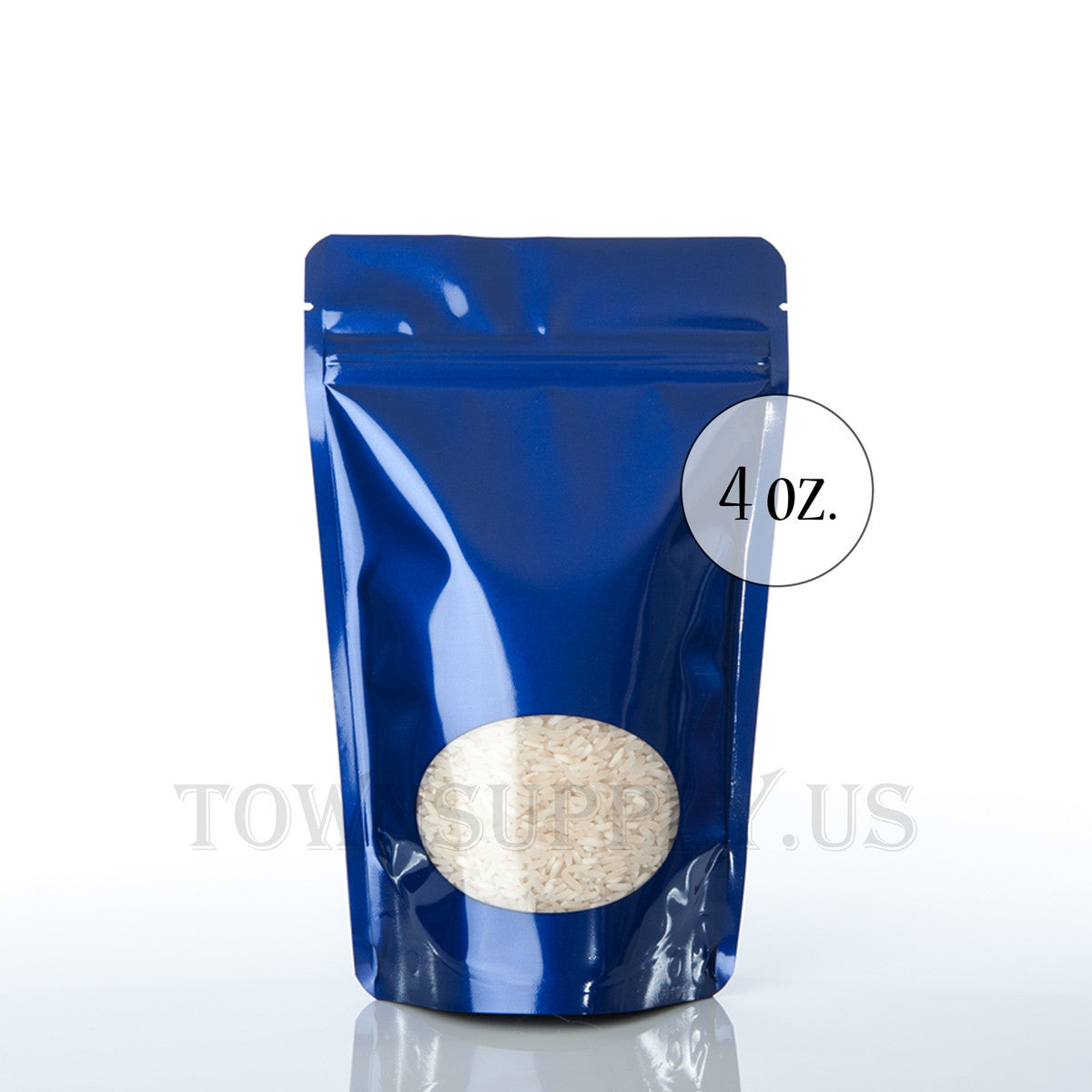 blue stand up pouch with oval window, 4 oz. bags - Town Supply