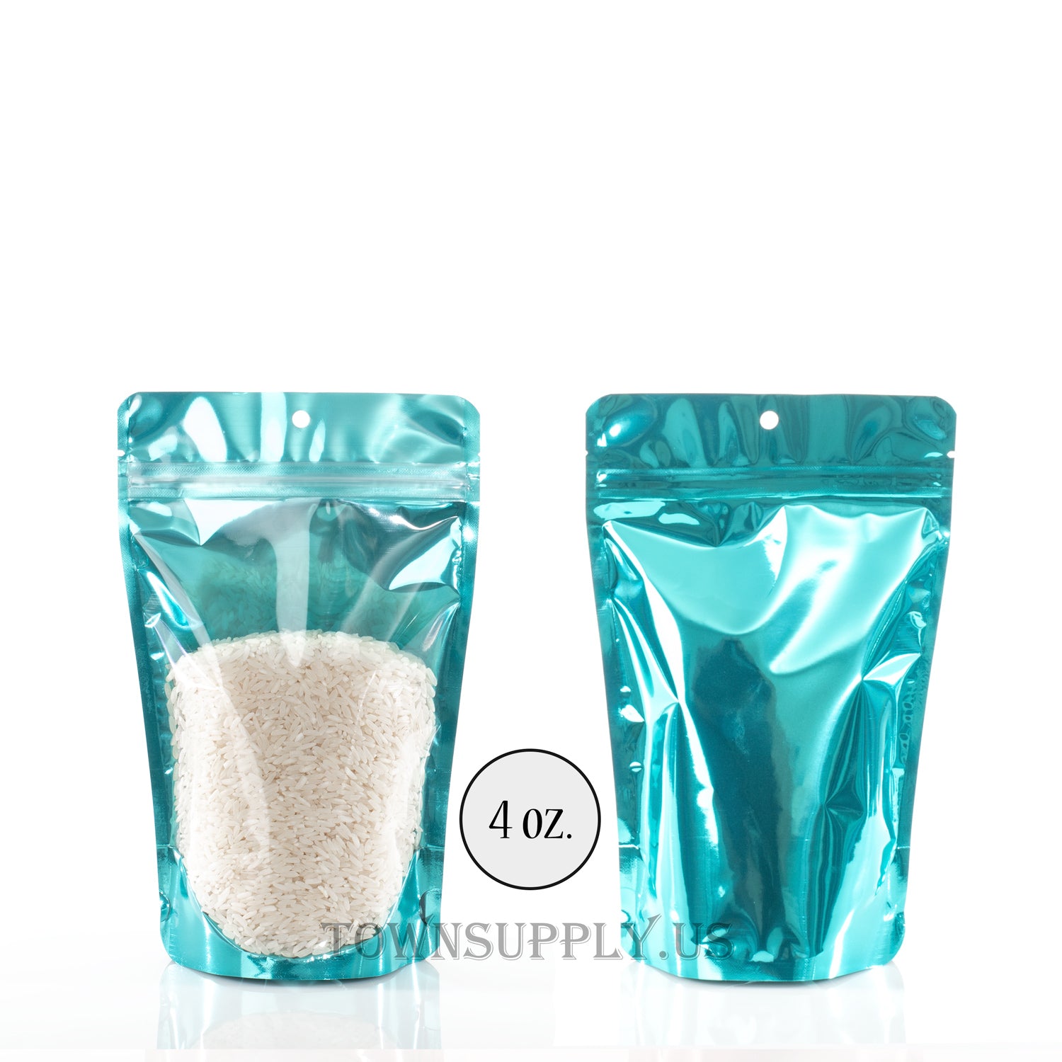 teal blue green stand up pouch with clear poly front and hang hole, 4 oz. bags - Town Supply