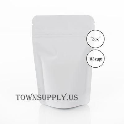white foil stand up pouch with clear poly front, 2 oz. bags - Town Supply