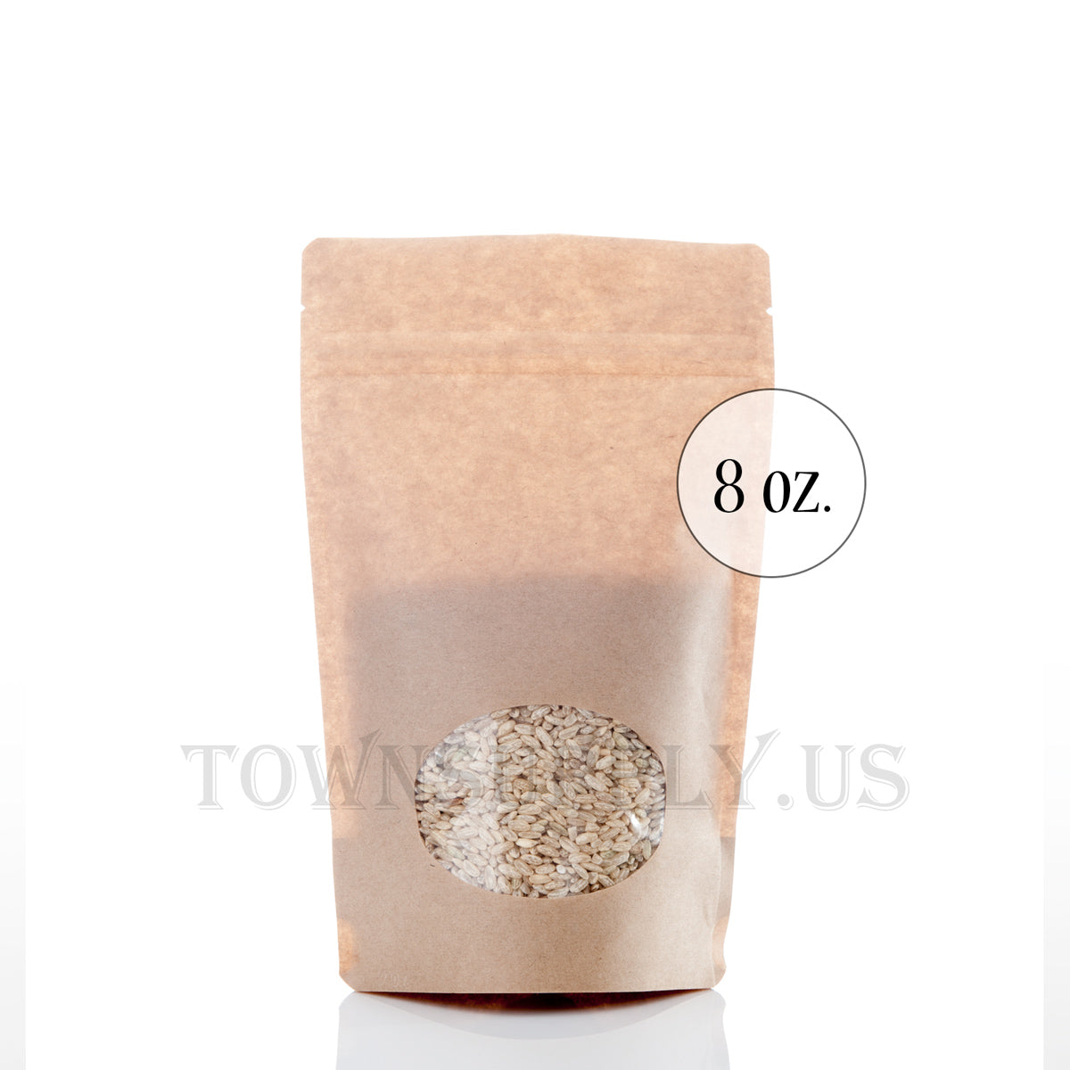 Kraft paper stand up pouch with clear oval window, 8 oz. bags - Town Supply