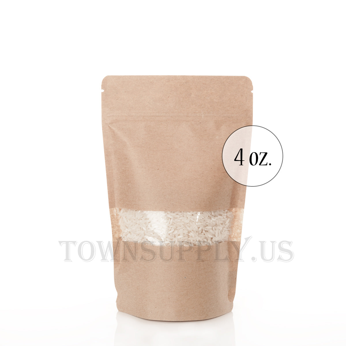 Kraft paper stand up pouches with rectangle window, 4 oz. bags - Town Supply