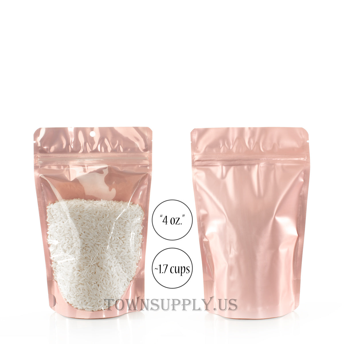 rose gold stand up pouch with clear poly front and hang hole, 4 oz. bags - Town Supply