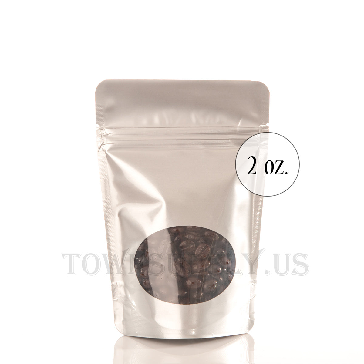 silver poly stand up pouch with clear oval window, 2 oz. bags - Town Supply