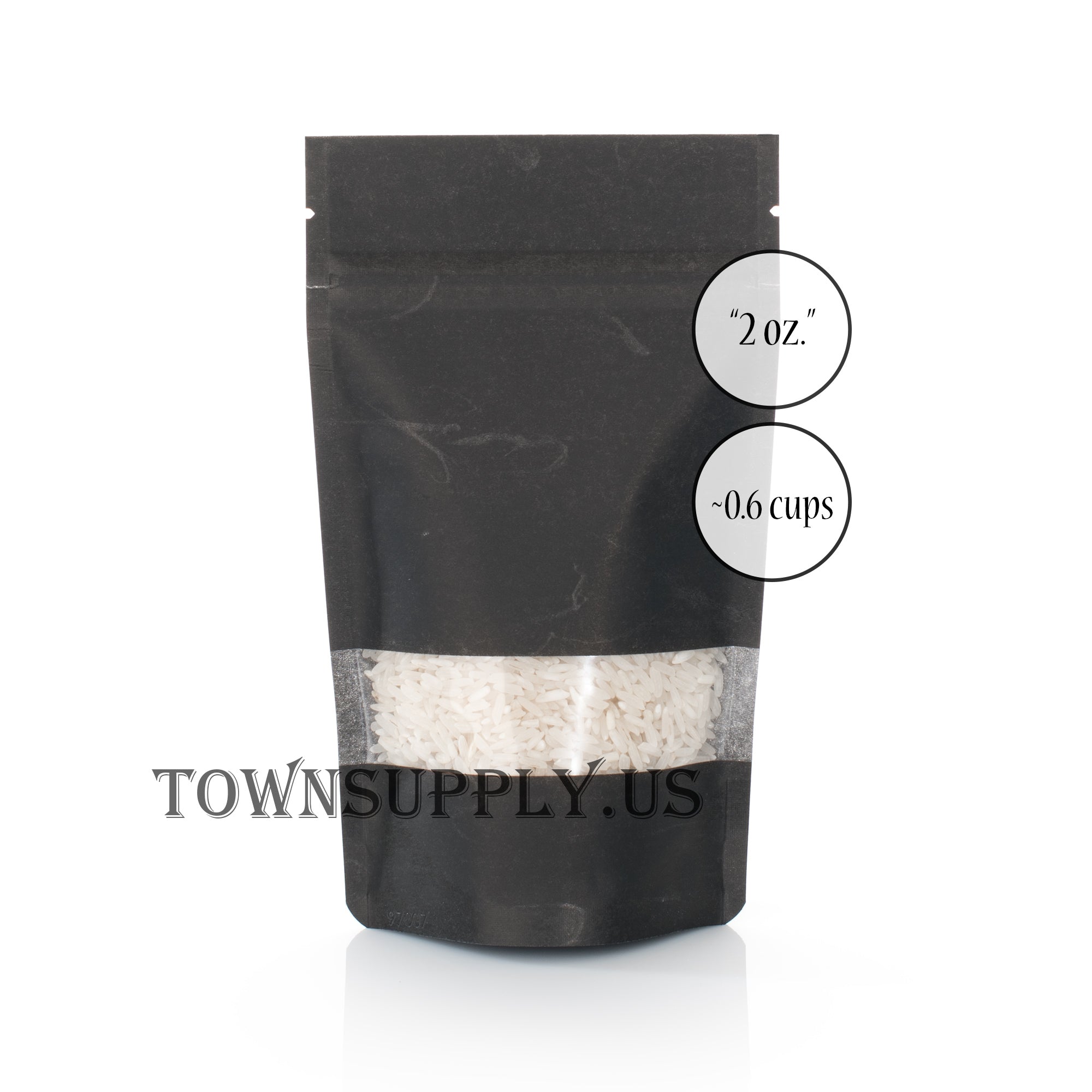 black rice paper resealable stand up pouch, 2 oz. bags - Town Supply