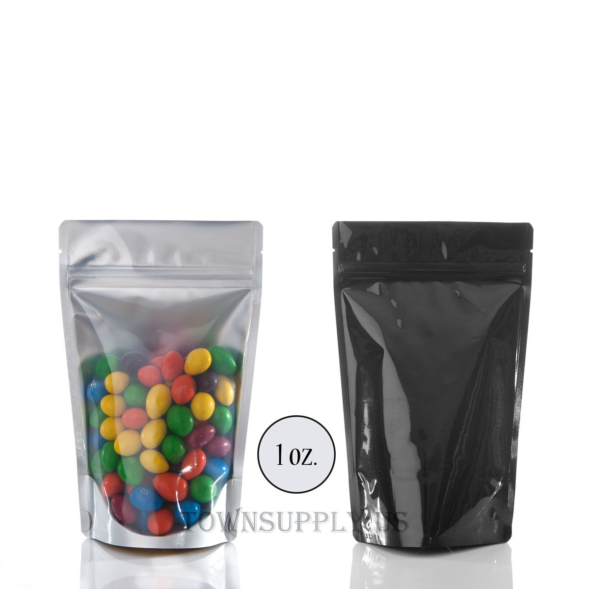 black foil stand up pouch with clear poly front, 1 oz. bags - Town Supply