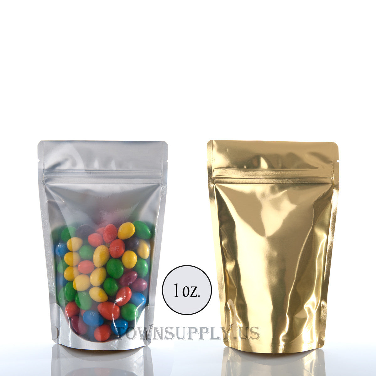 gold foil stand up pouch with clear poly front, 1 oz. bags - Town Supply