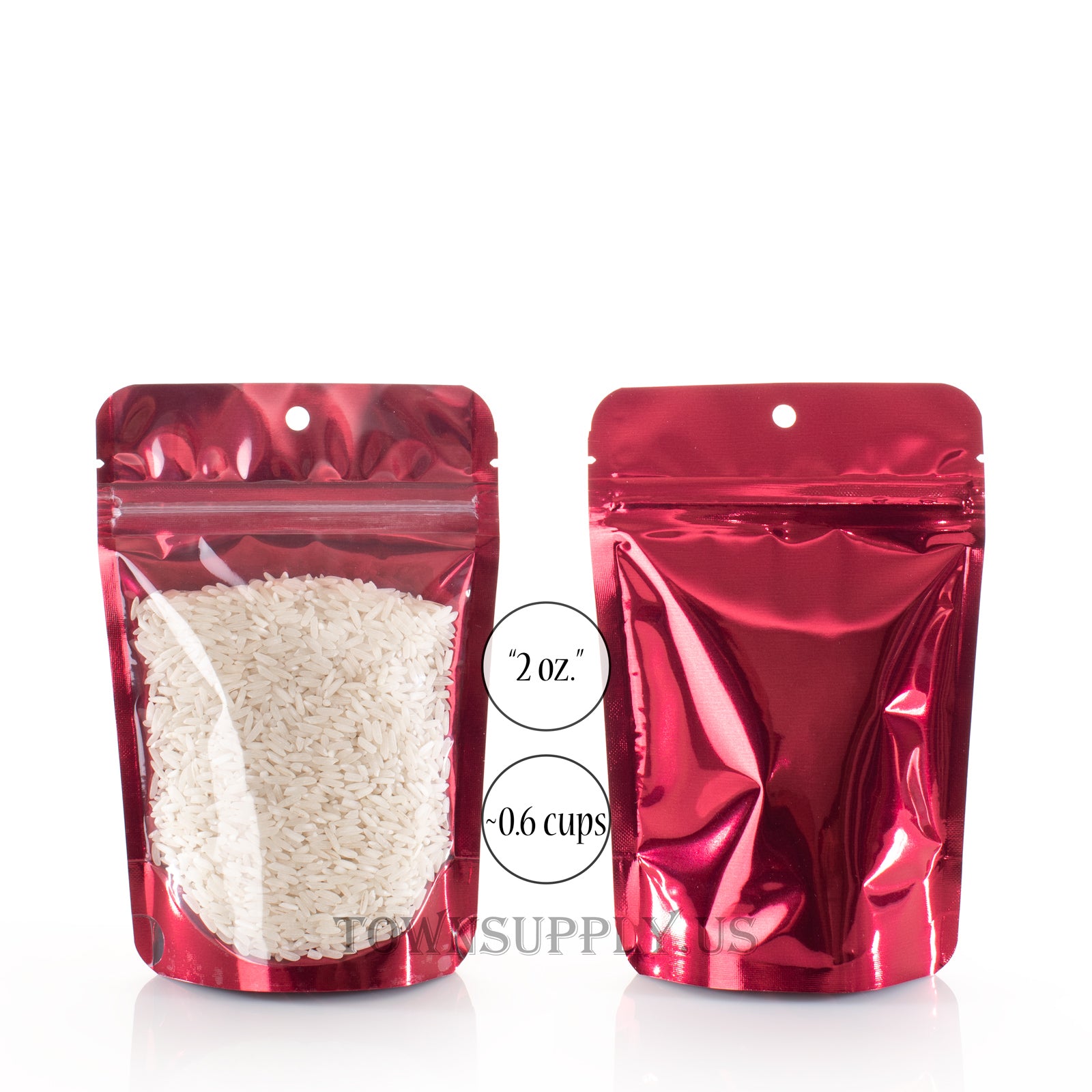 red stand up pouch with clear poly front, 2 oz. high visibility bags - Town Supply