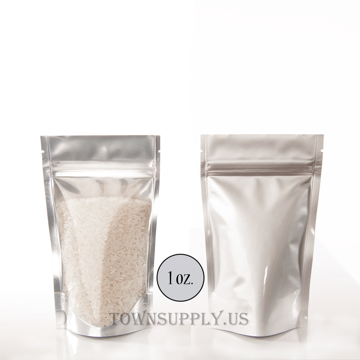 silver foil stand up pouch with clear poly front, 1 oz. bags - Town Supply
