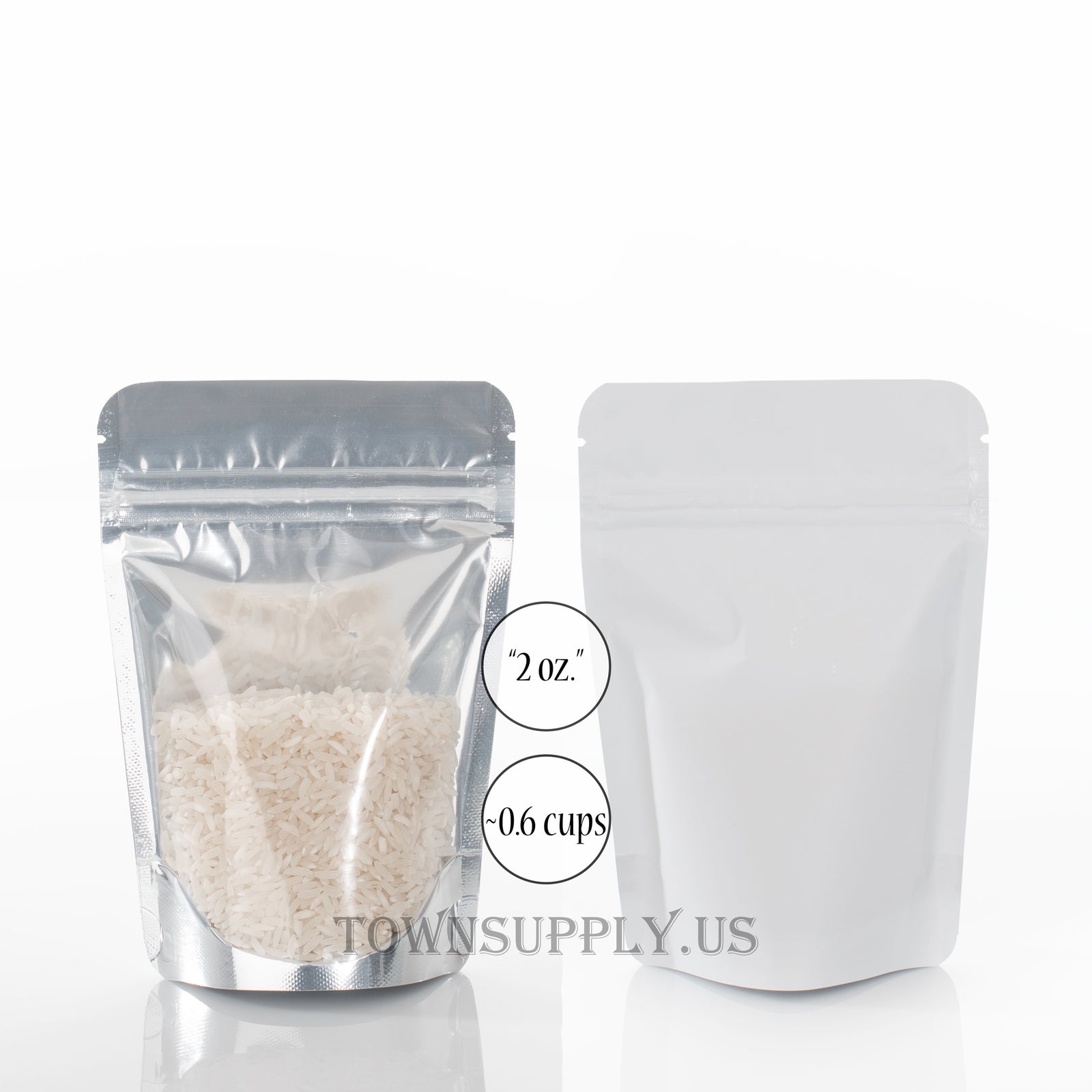 white foil stand up pouch with clear poly front, 2 oz. bags - Town Supply