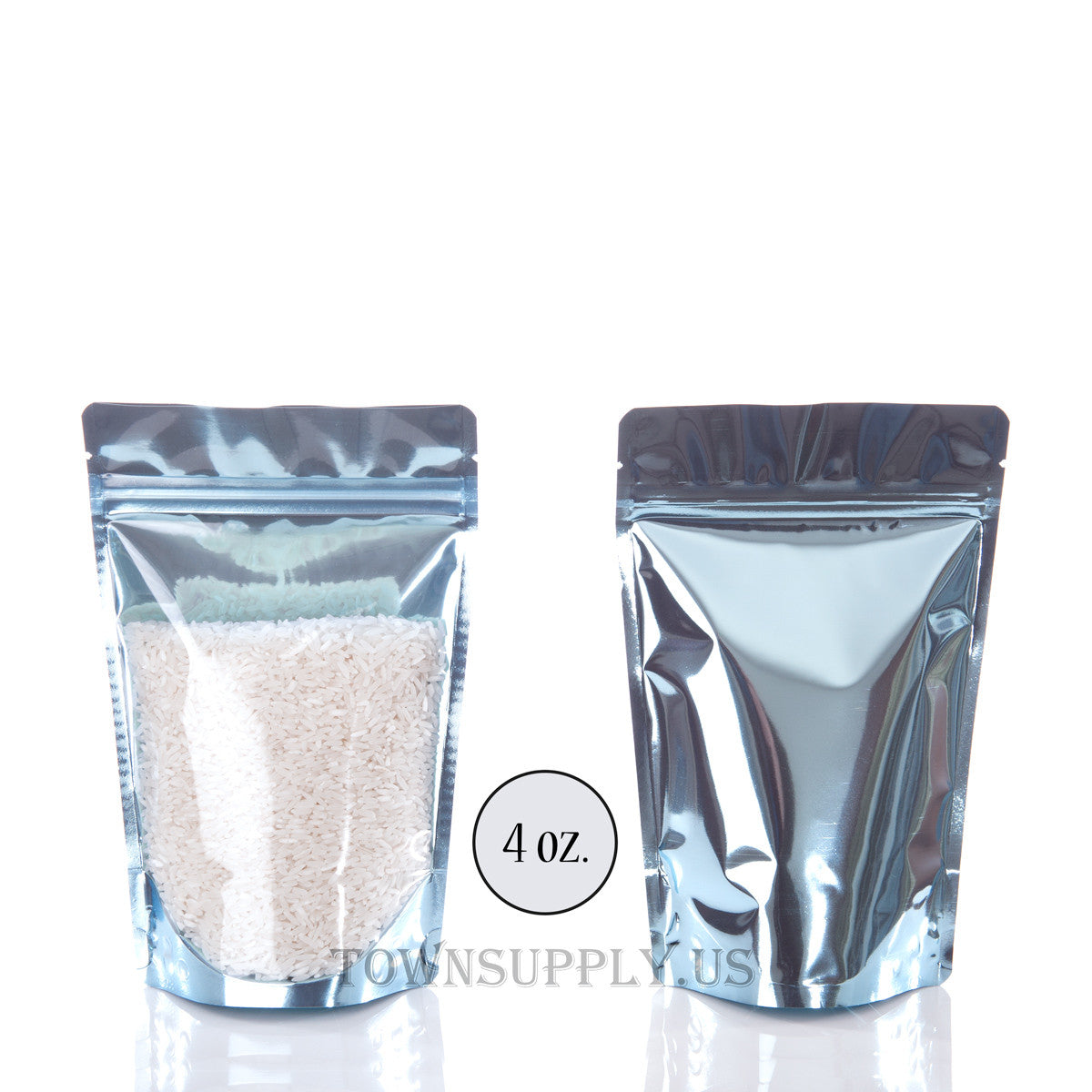 blue foil stand up pouch with clear poly front, 4 oz. bags - Town Supply