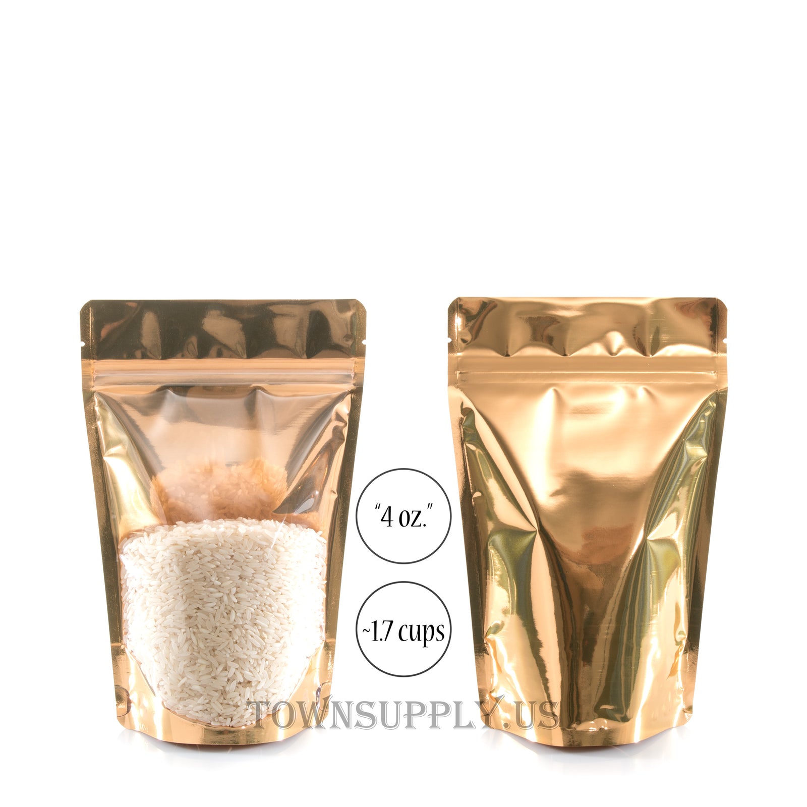 maple foil stand up pouch with clear poly front, 4 oz. bags - Town Supply