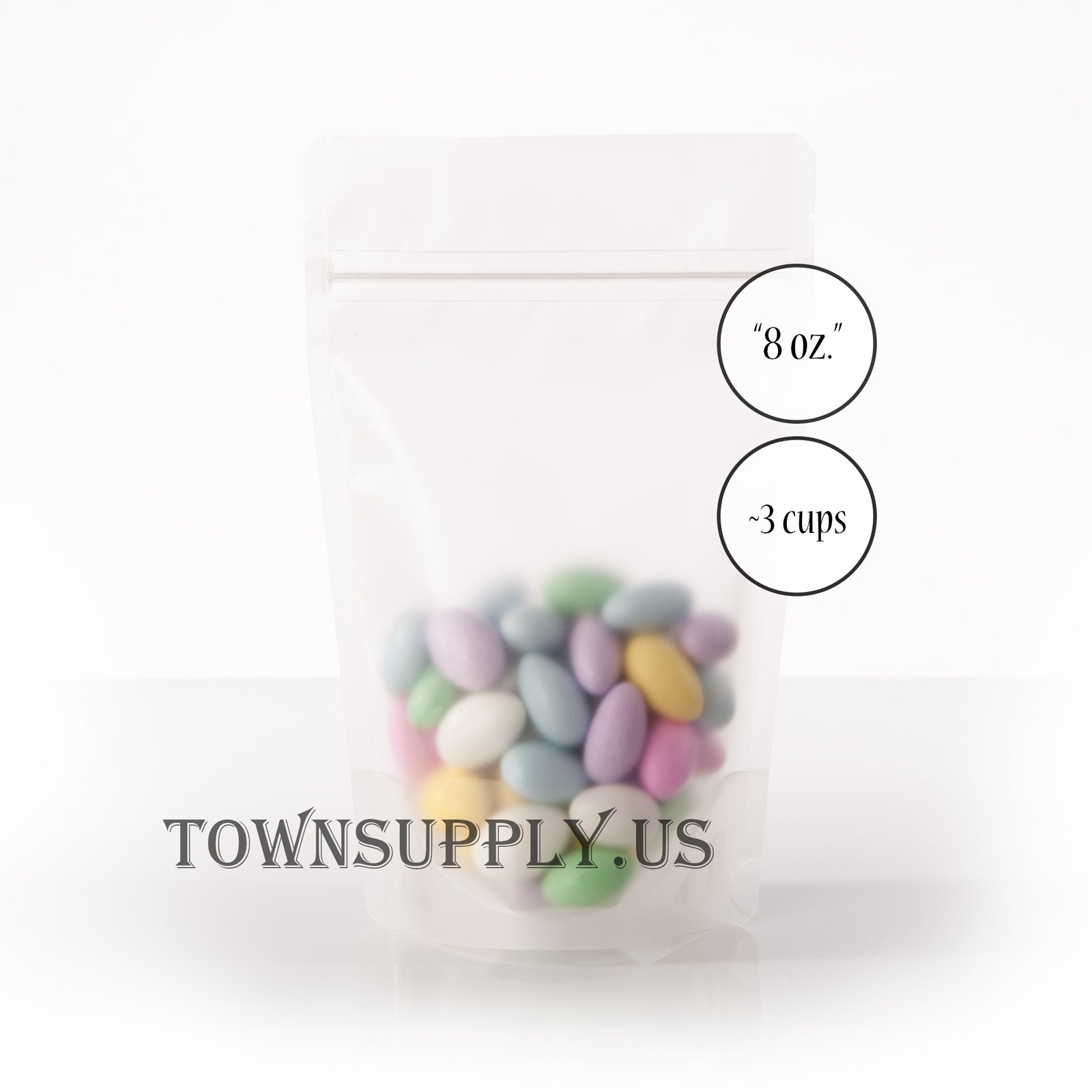 frosted clear poly translucent stand up pouch, 8 oz. bags - Town Supply