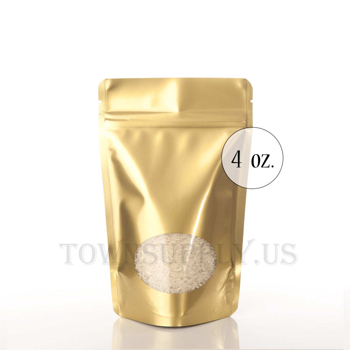 gold stand up pouch with oval window, 4 oz. bags - Town Supply