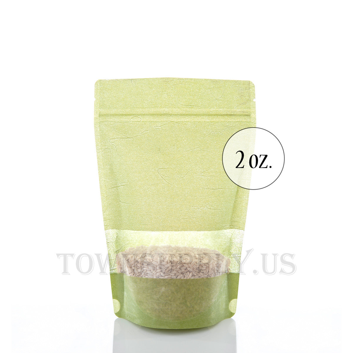 green rice paper stand up pouch with window, 2 oz. bags - Town Supply