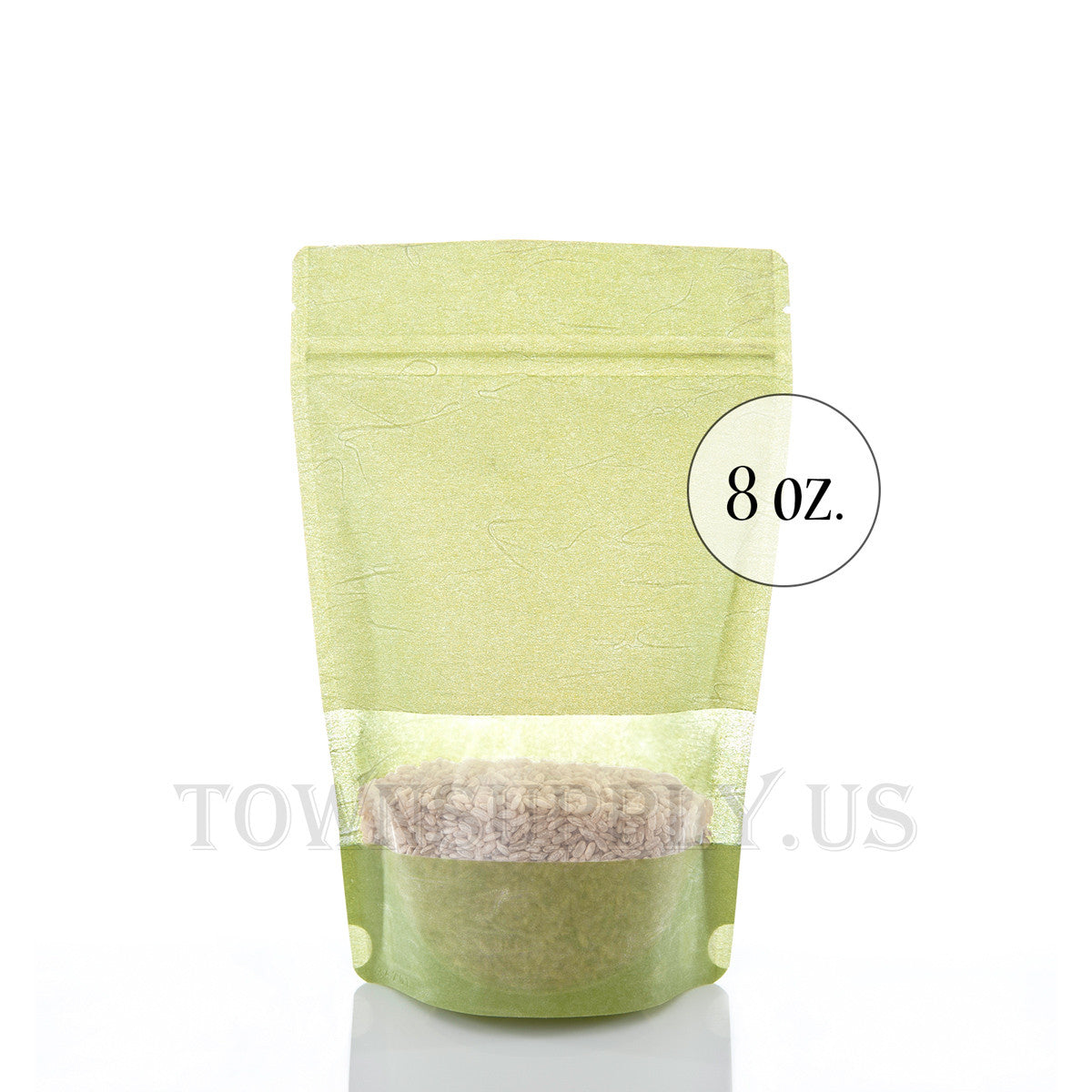 green rice paper stand up pouch with window, 8 oz. bags - Town Supply