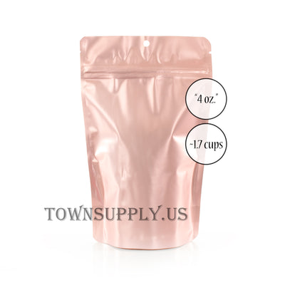 rose gold stand up pouch with clear poly front and hang hole, 4 oz. bags - Town Supply