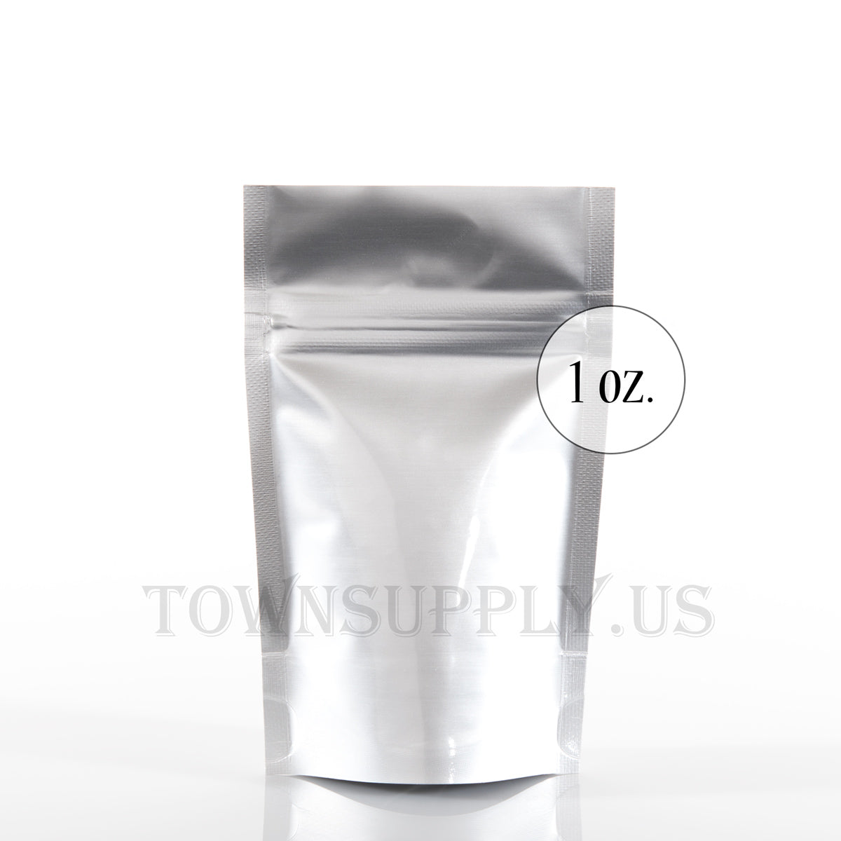 shiny silver resealable stand up pouch, 1 oz. bags - Town Supply
