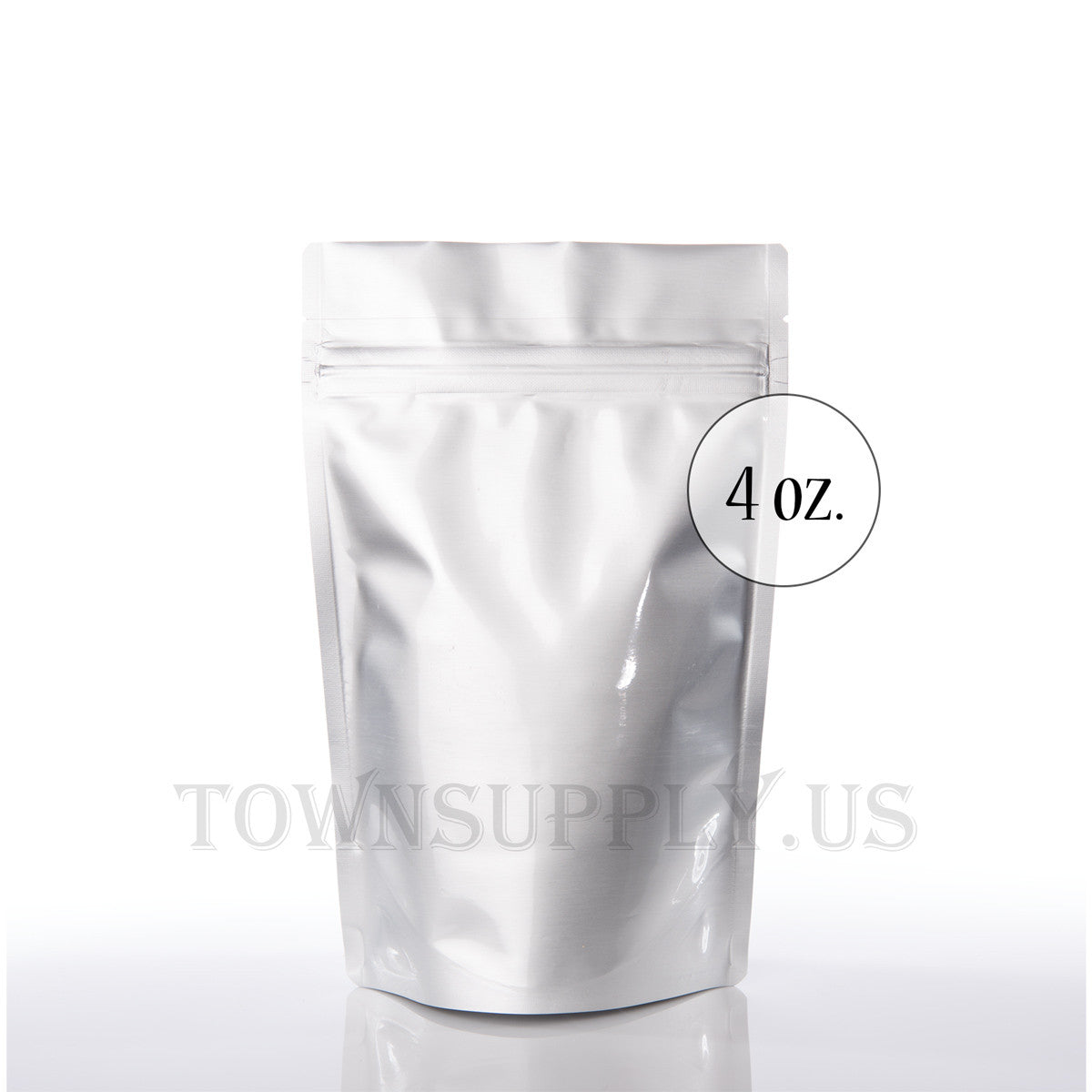 shiny silver resealable stand up pouch, 4 oz. bags - Town Supply