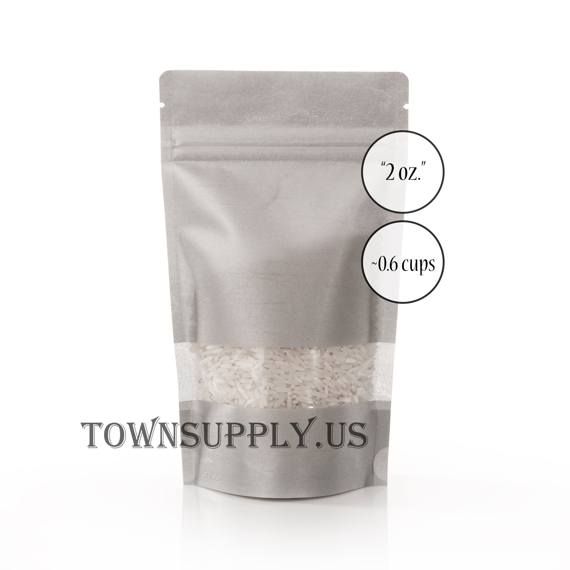 silver rice paper stand up pouch with window, 2 oz. bags - Town Supply
